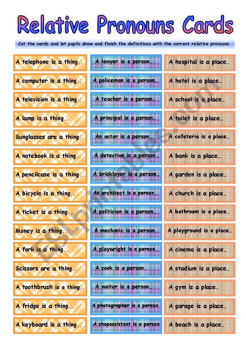 Relative Pronouns Speaking Cards