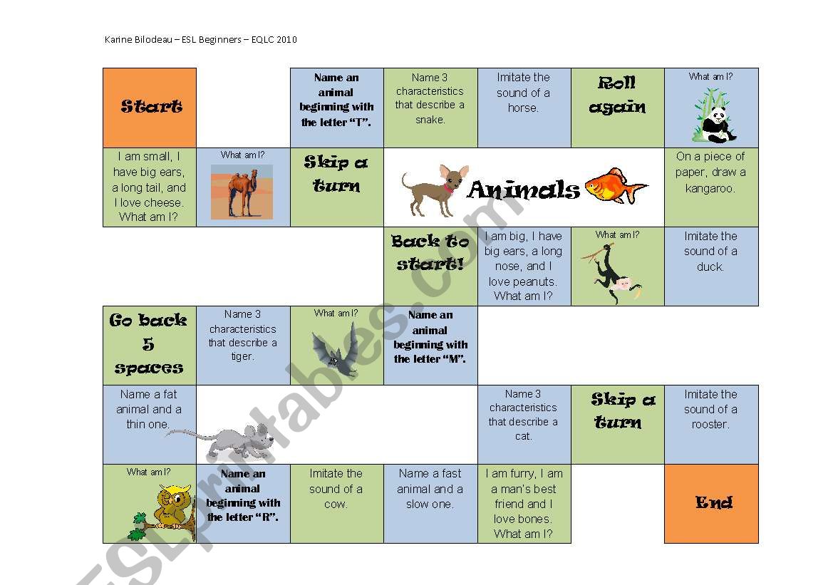Animal Gameboard worksheet