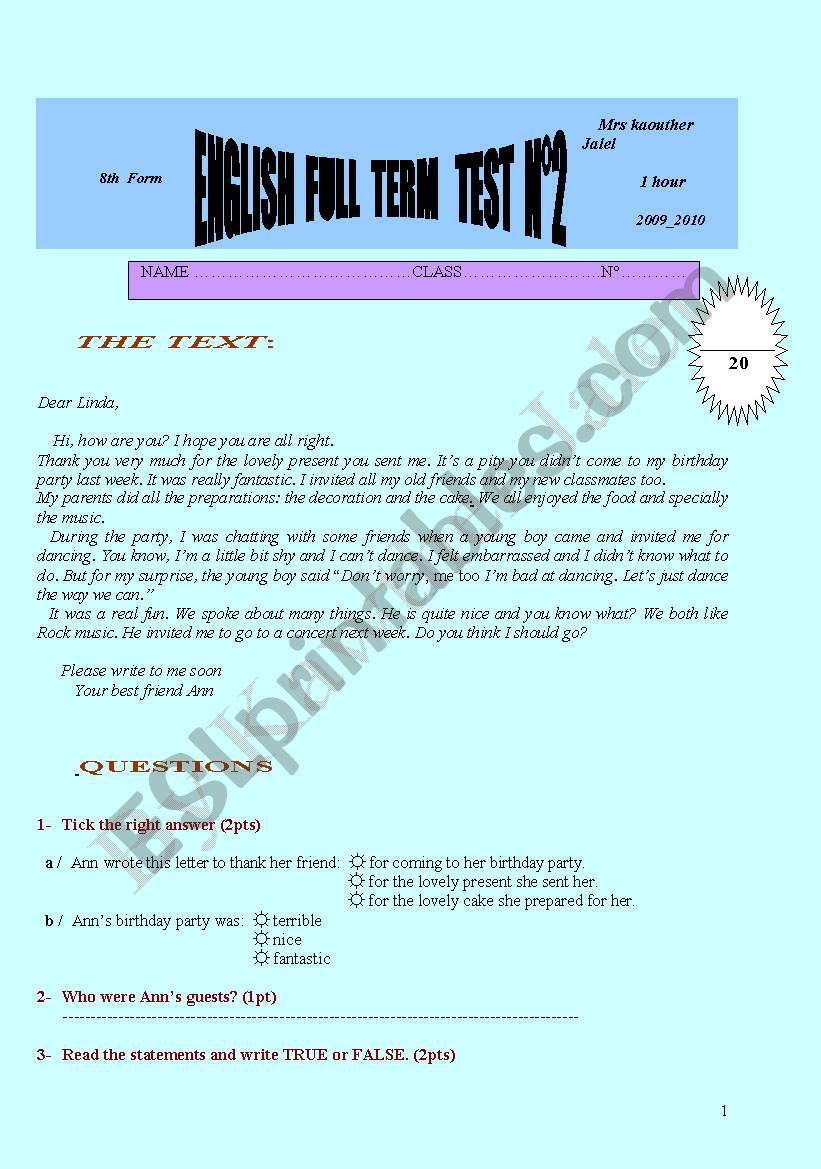 Full Term Test NÂ°2  worksheet