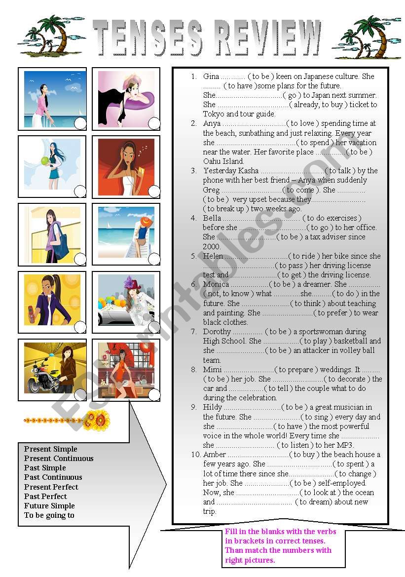 Tenses Review - sentences worksheet