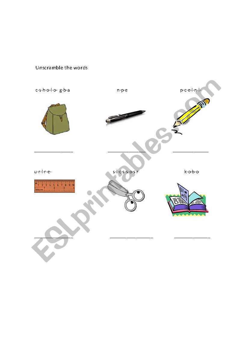 school objects worksheet