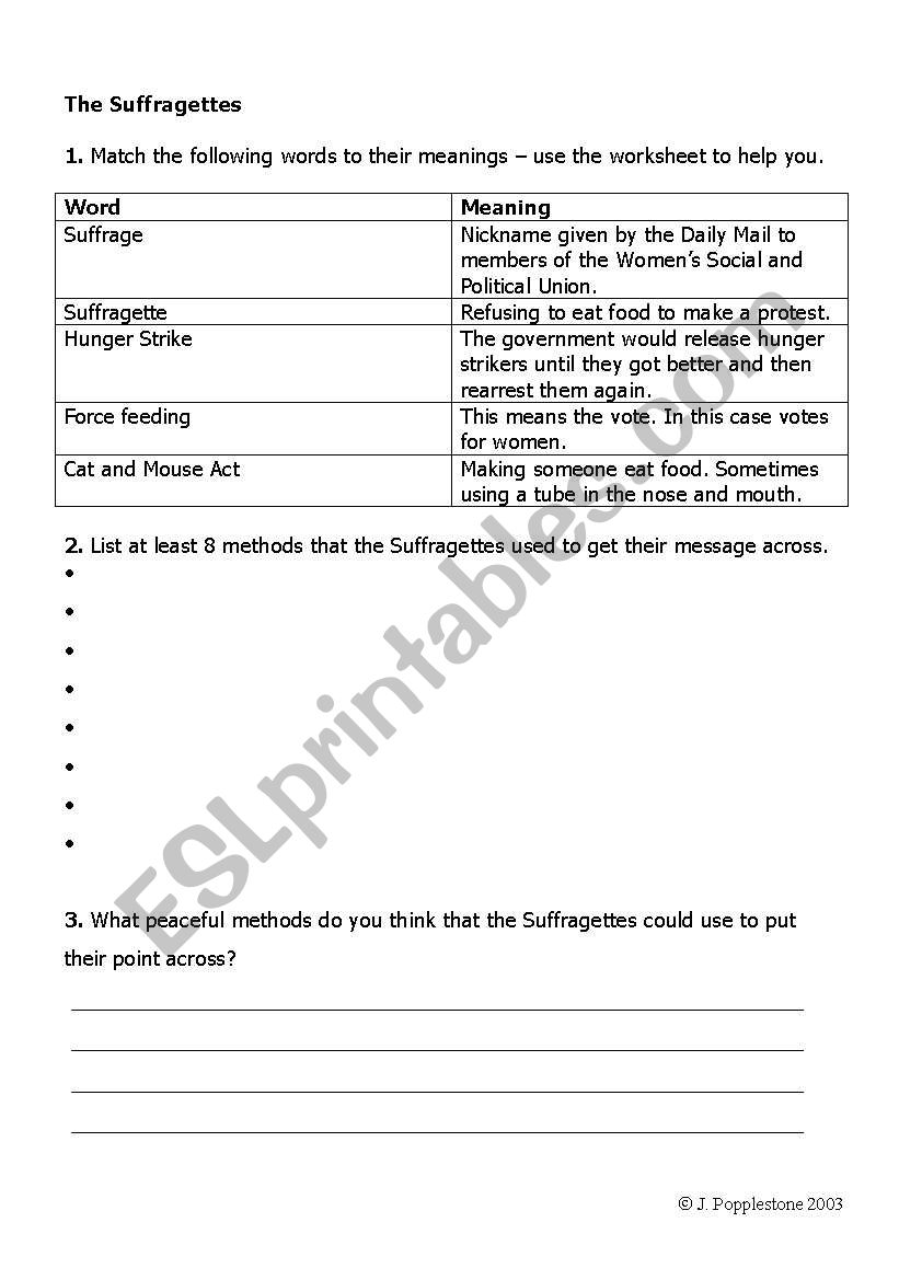 suffragettes worksheet