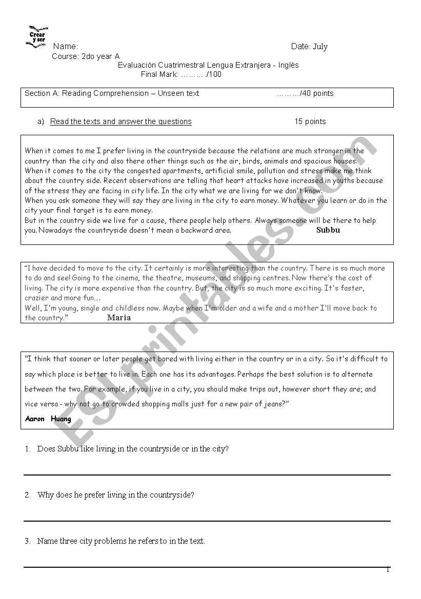 reading comprehension  worksheet