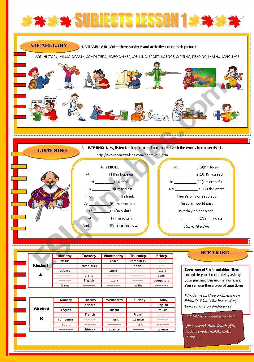 SUBJECTS LESSON 1 worksheet