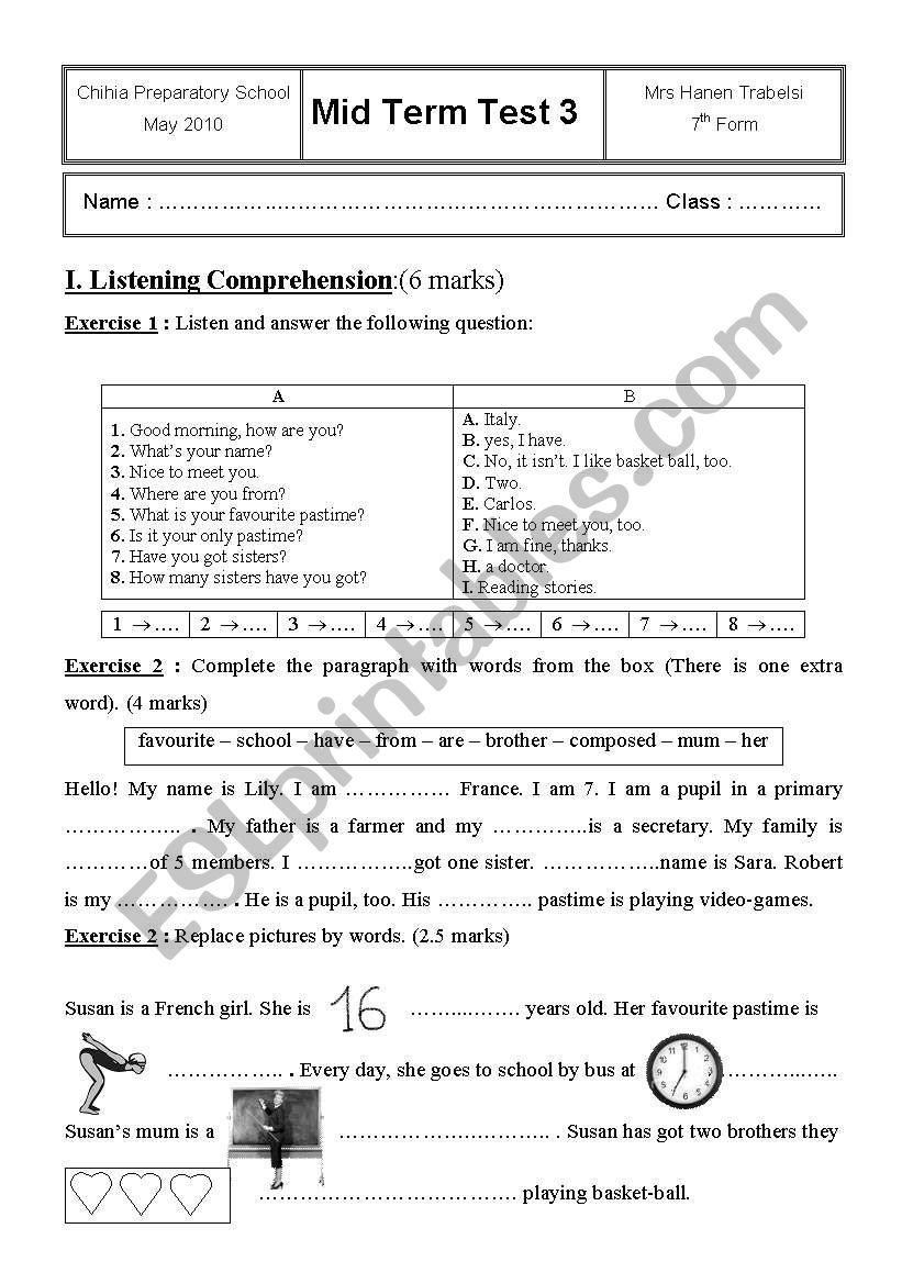 7th form exam worksheet