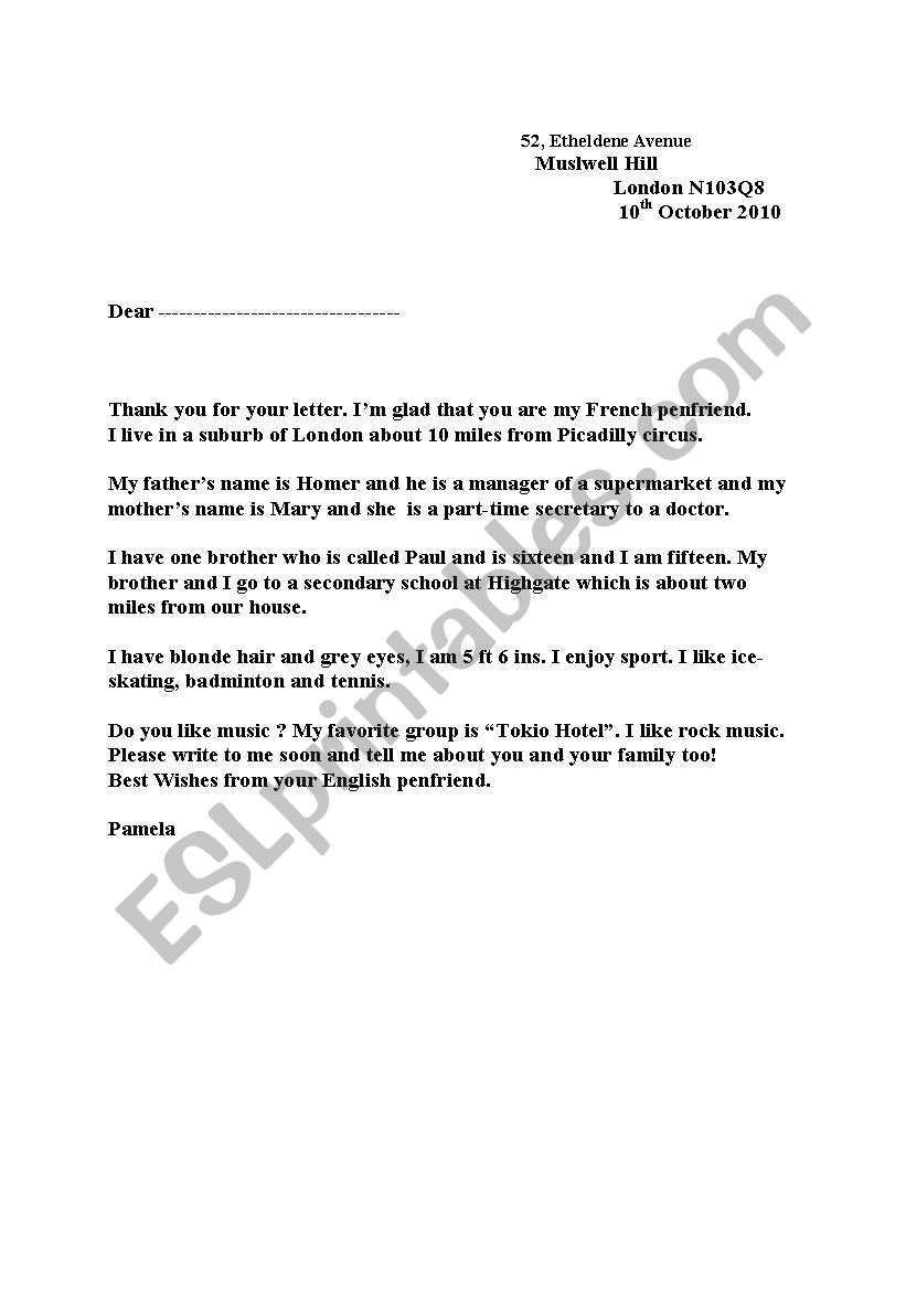 a letter from a penfriend worksheet