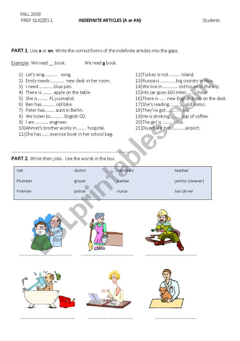 Indefinite Pronouns a / an worksheet