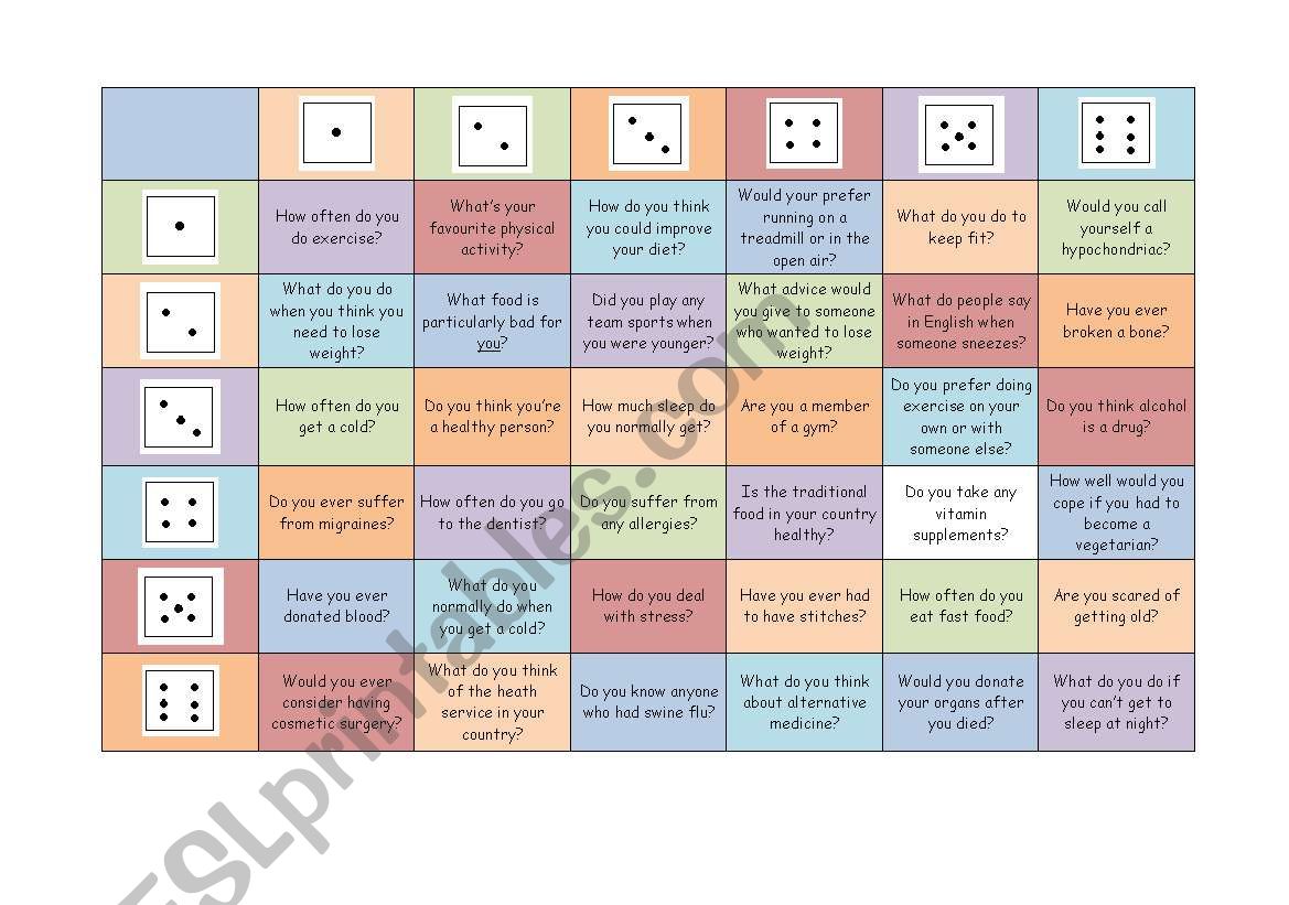 Health Dice Game worksheet