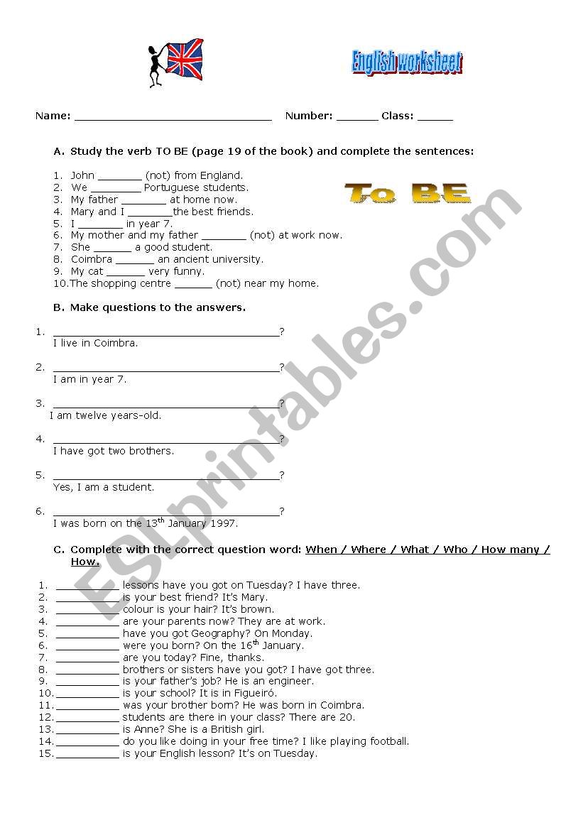 Verb to be and question words worksheet