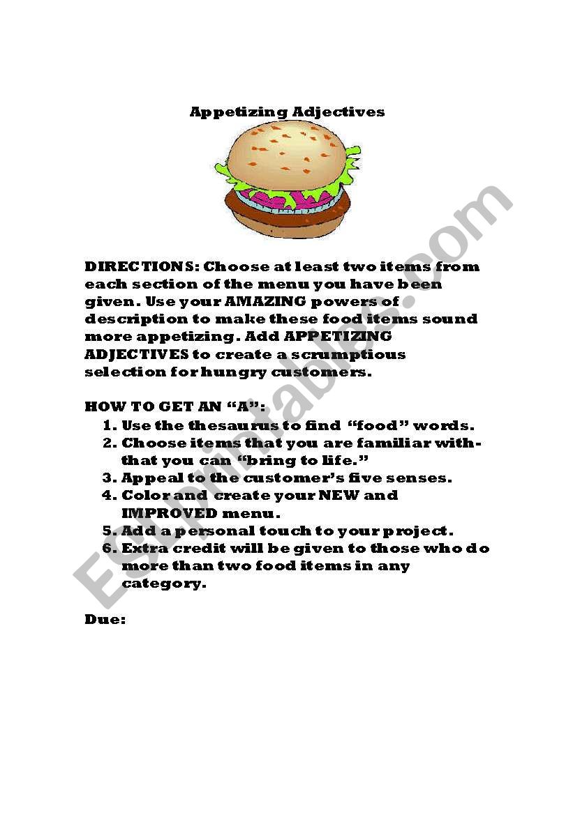 Appetizing Adjectives worksheet