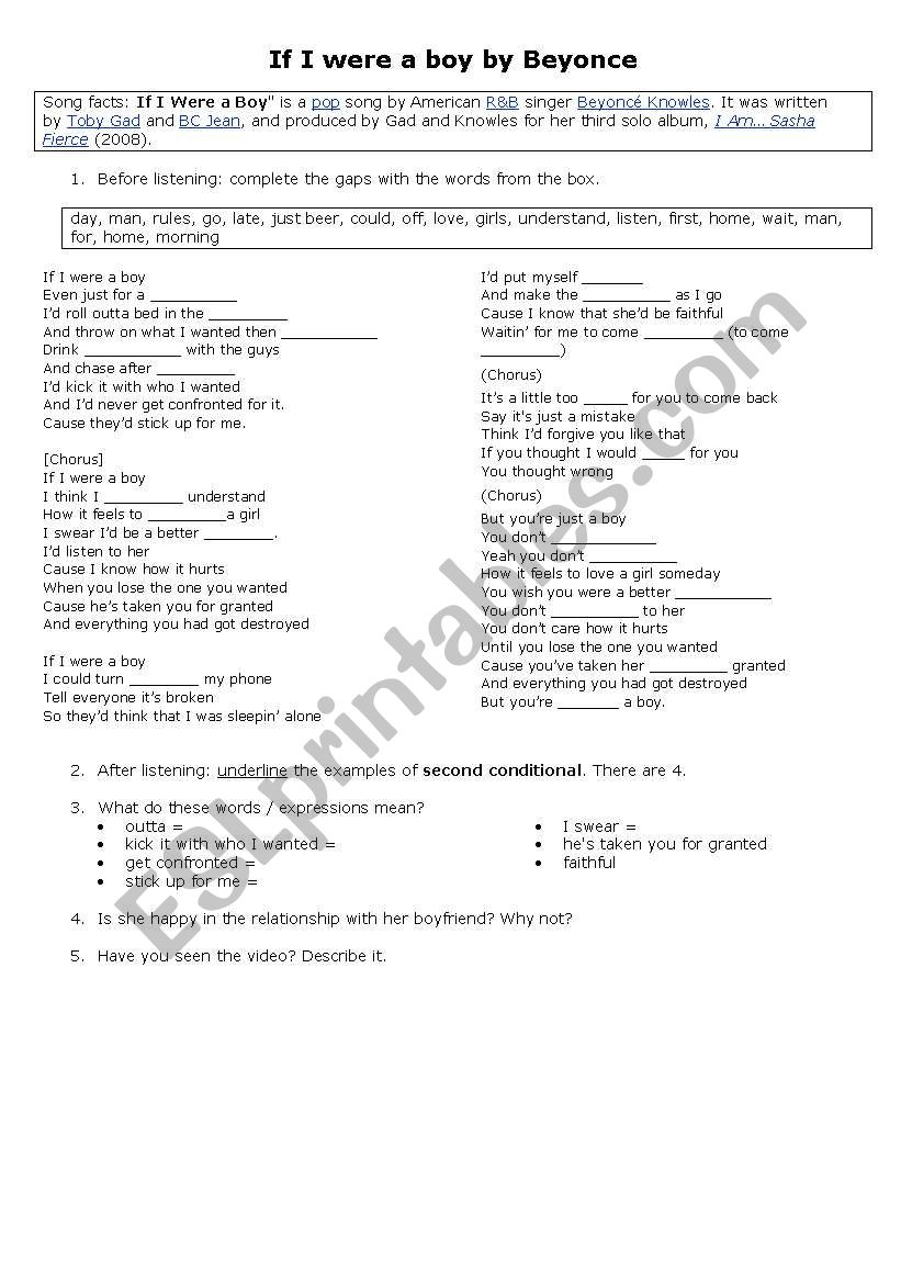 Second conditional - a song by Beyonce (If I were a boy)