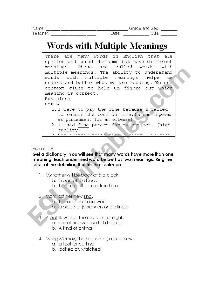 Words with Multiple Meanings worksheet