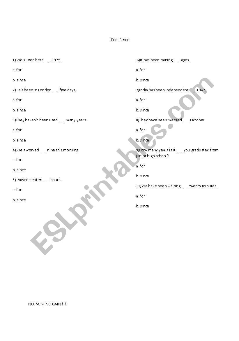 for & since  worksheet