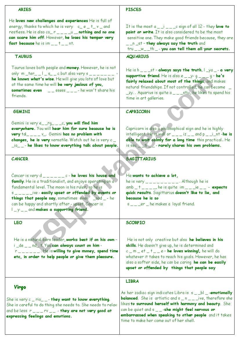 zodiacs worksheet