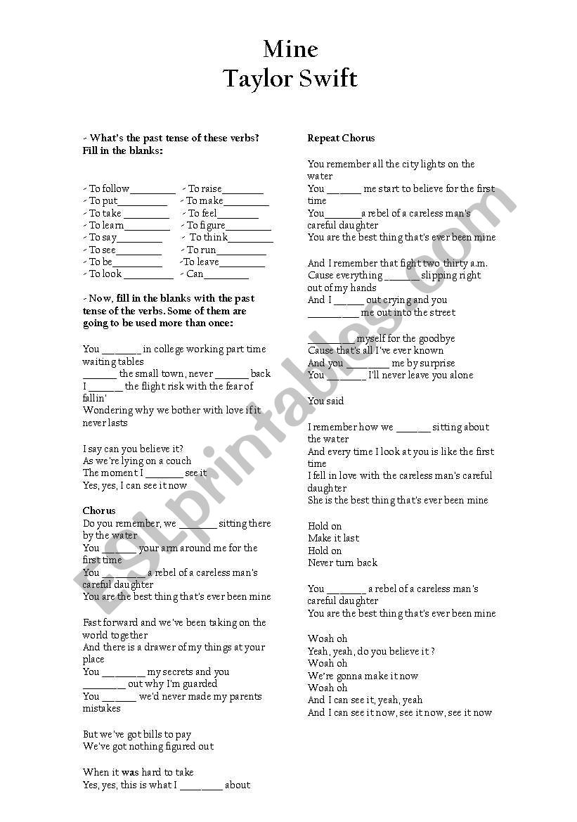 Mine- Taylor Swift worksheet