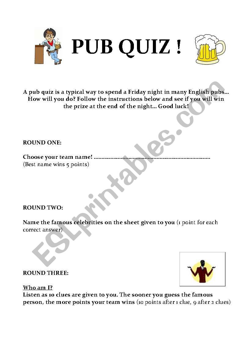 Pub Quiz worksheet