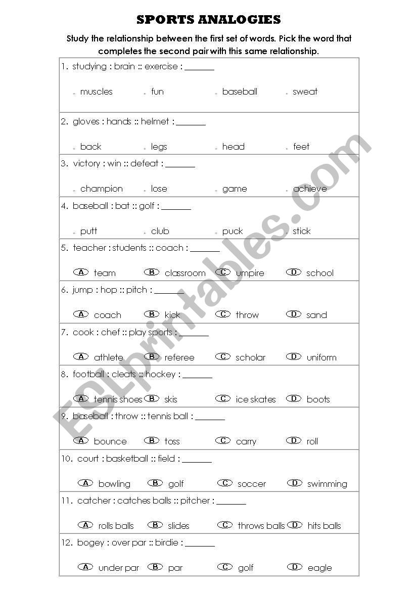 SPORTS ANALOGIES worksheet