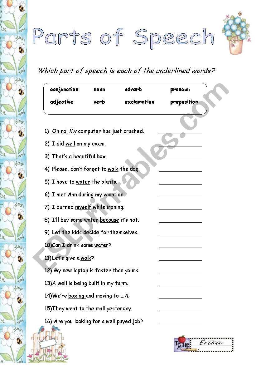 Parts of Speech worksheet