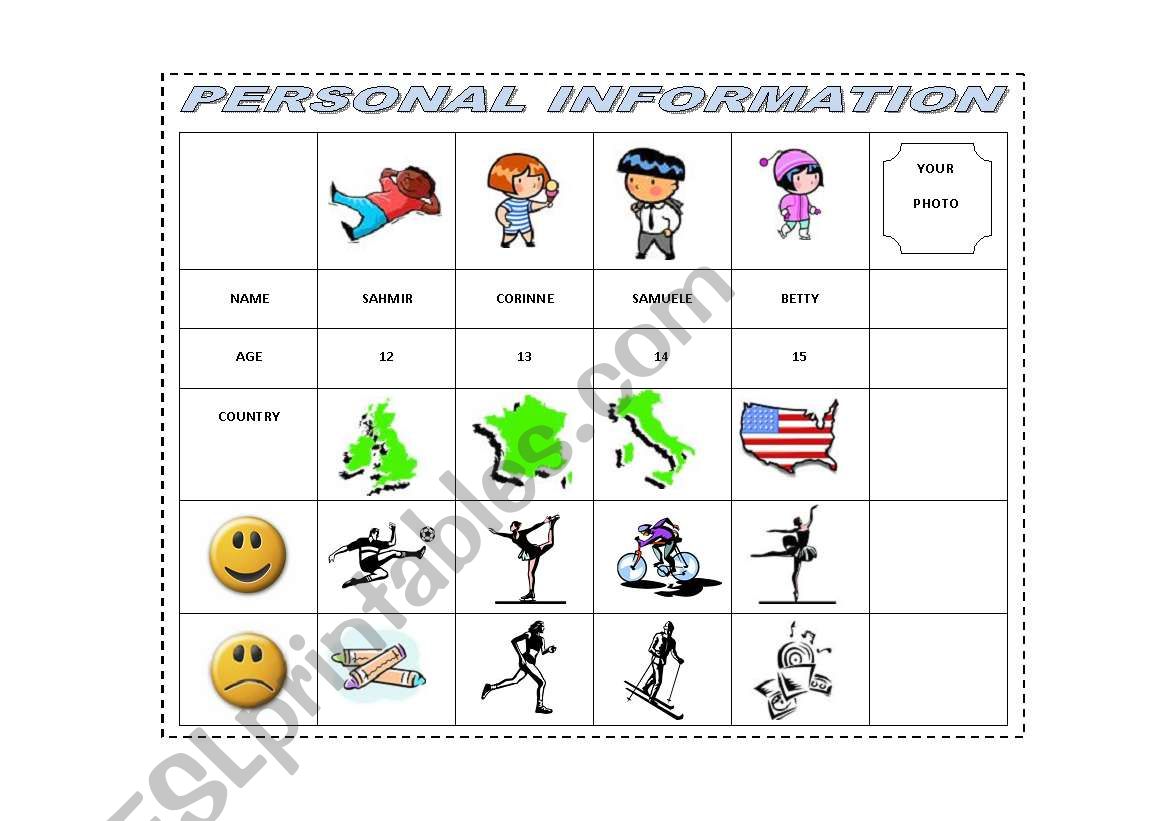 PERSONAL INFORMATION CHART worksheet