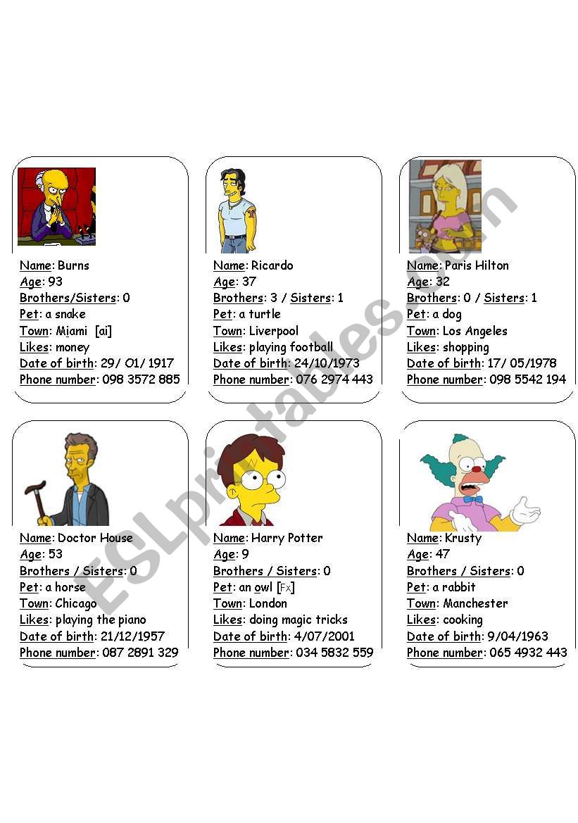 Speaking cards worksheet