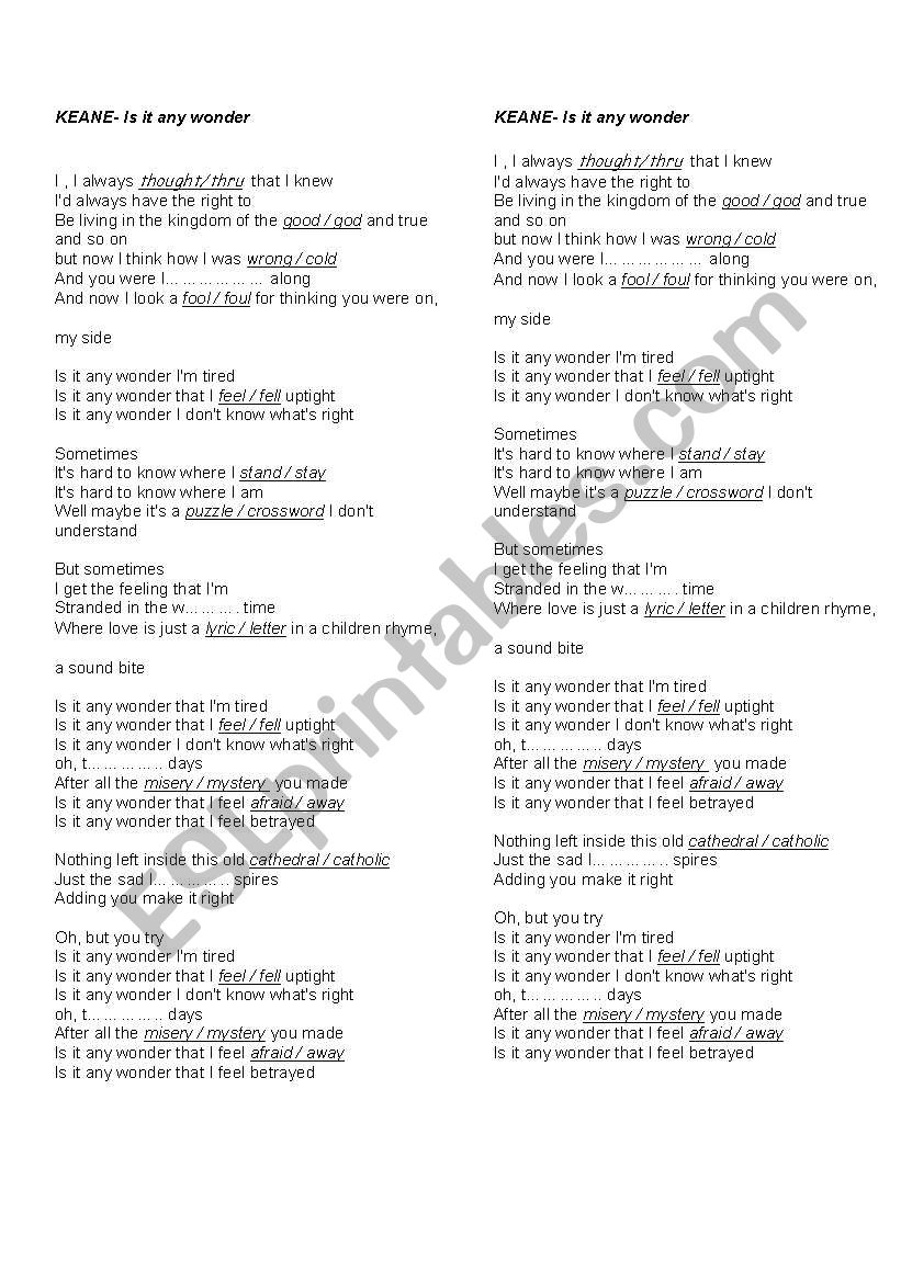 Song by Keane worksheet