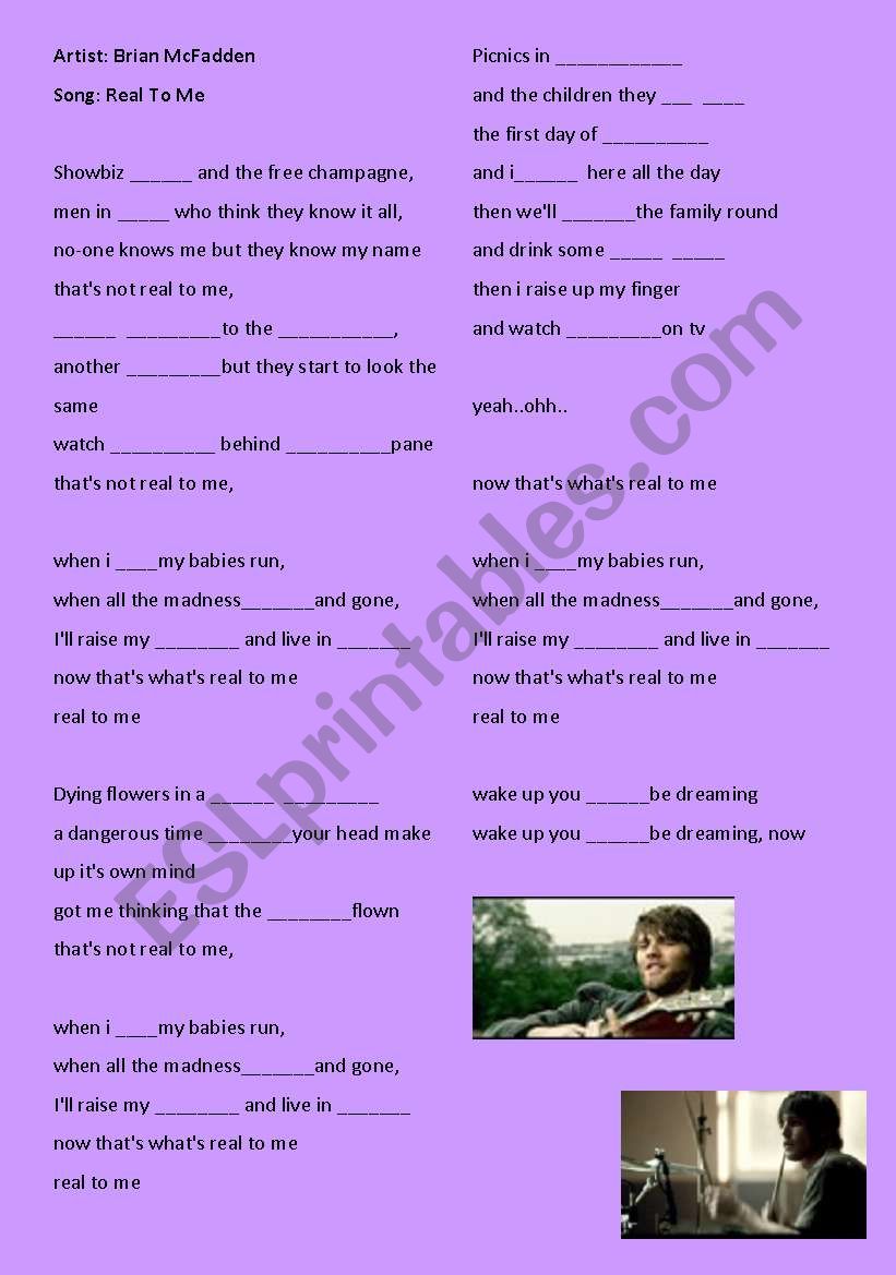 Real to me Brian McFadden worksheet