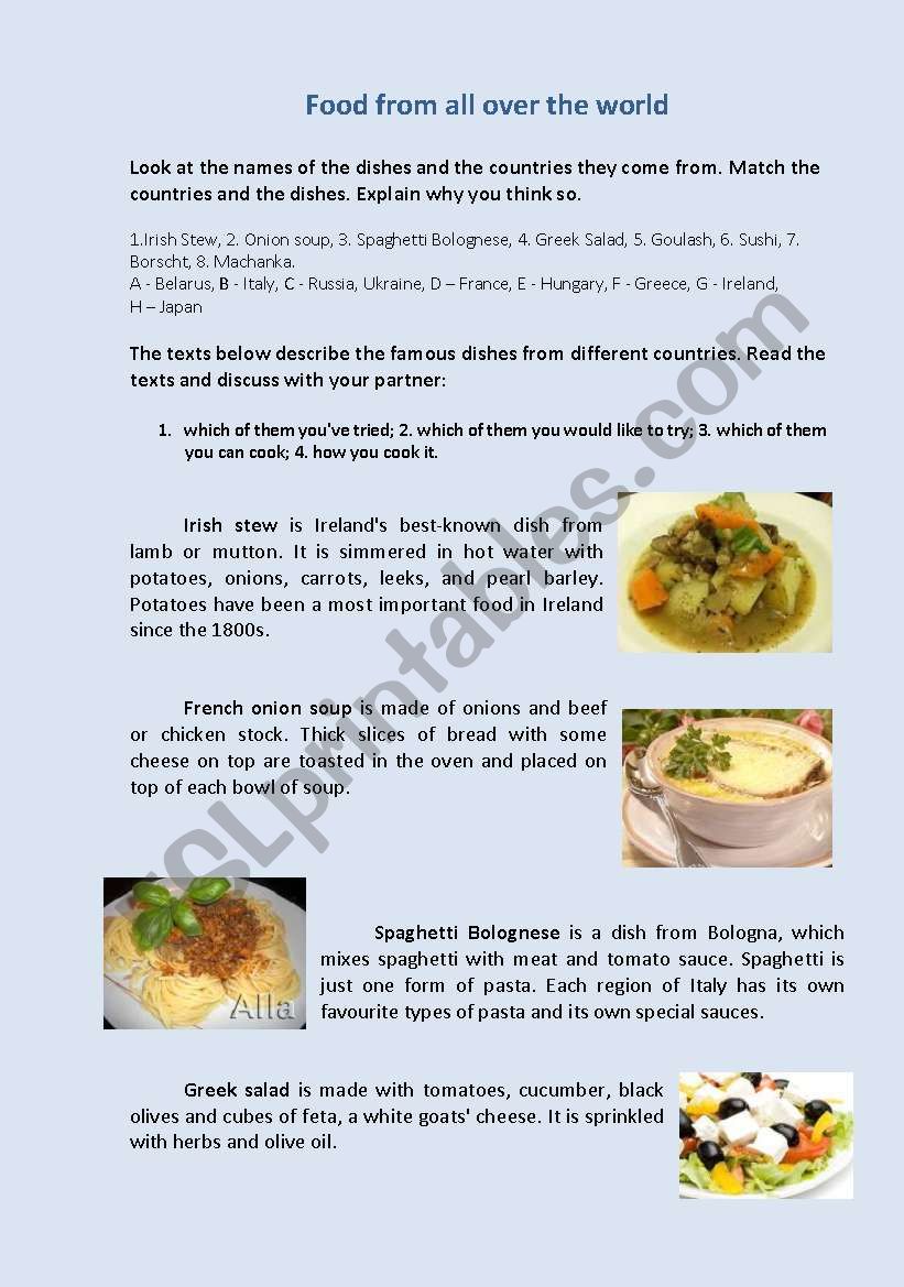 food from all over the world worksheet