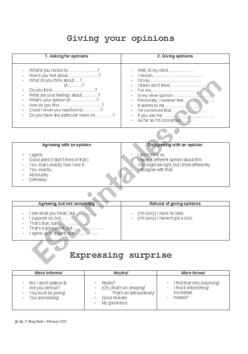 Giving opinions worksheet