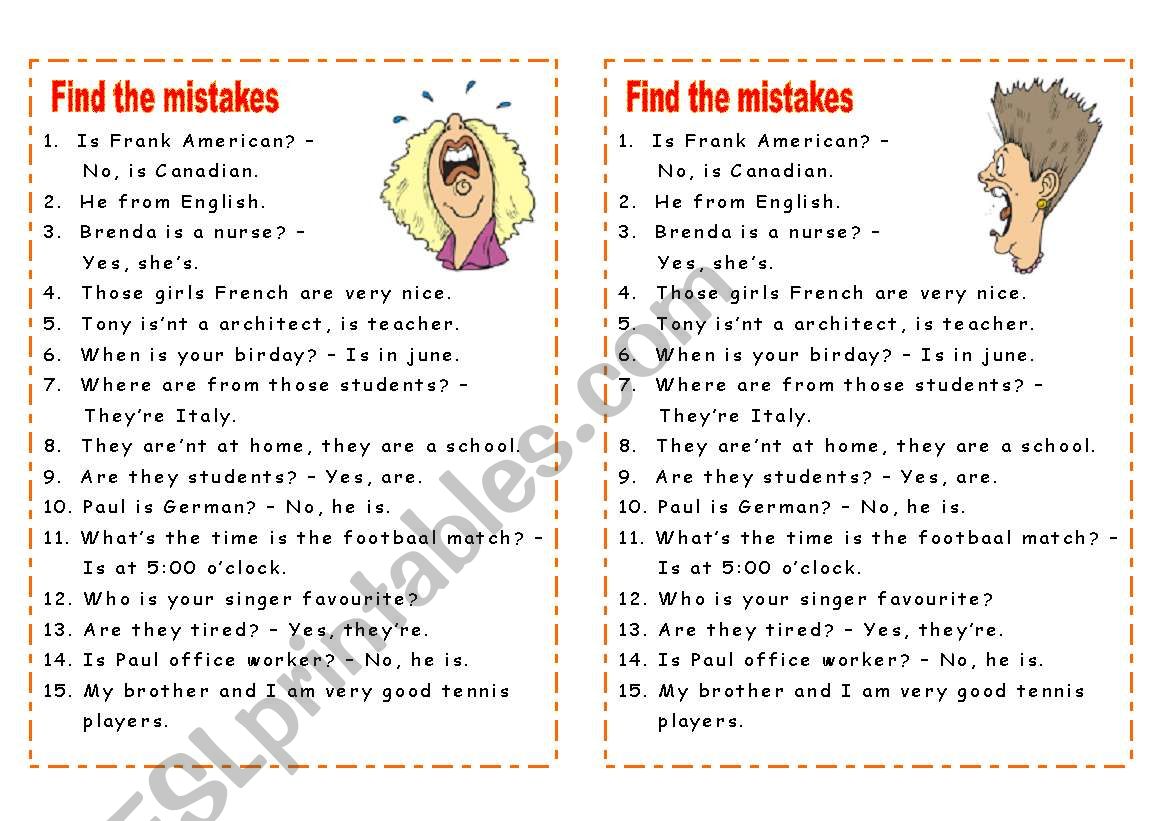 Find the mistakes worksheet