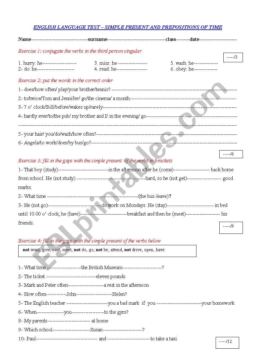 Simple present and prepositions of time -Test