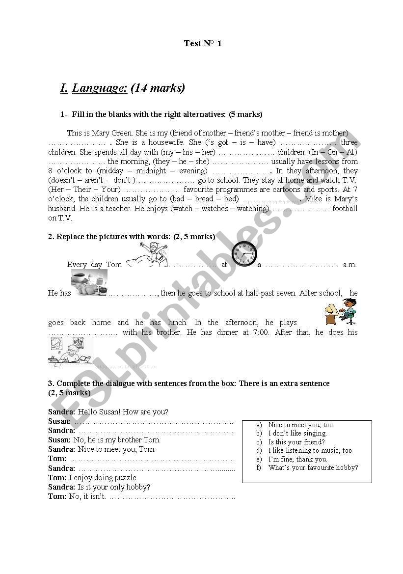 Test n°1 worksheet Test n°1 worksheet