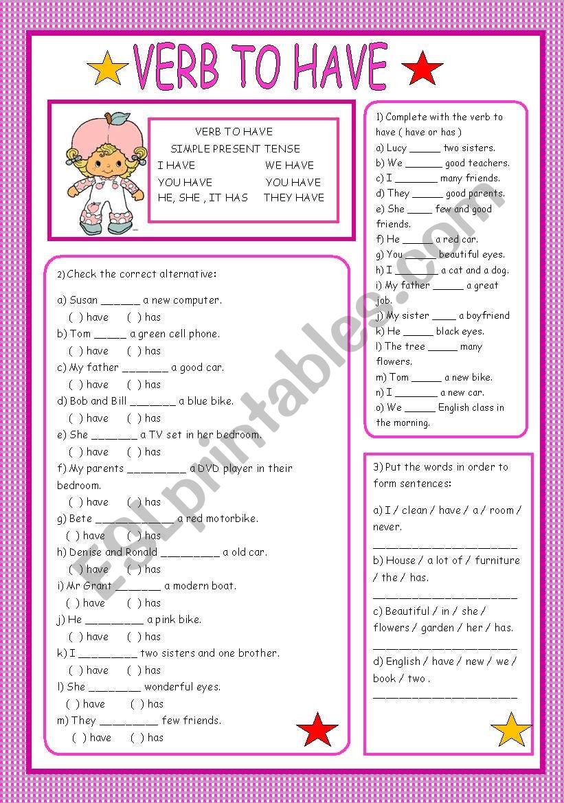 VERB TO HAVE ESL Worksheet By Laninha