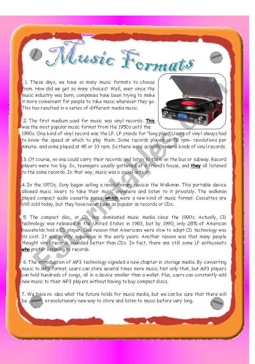 Reading - Music Formats worksheet