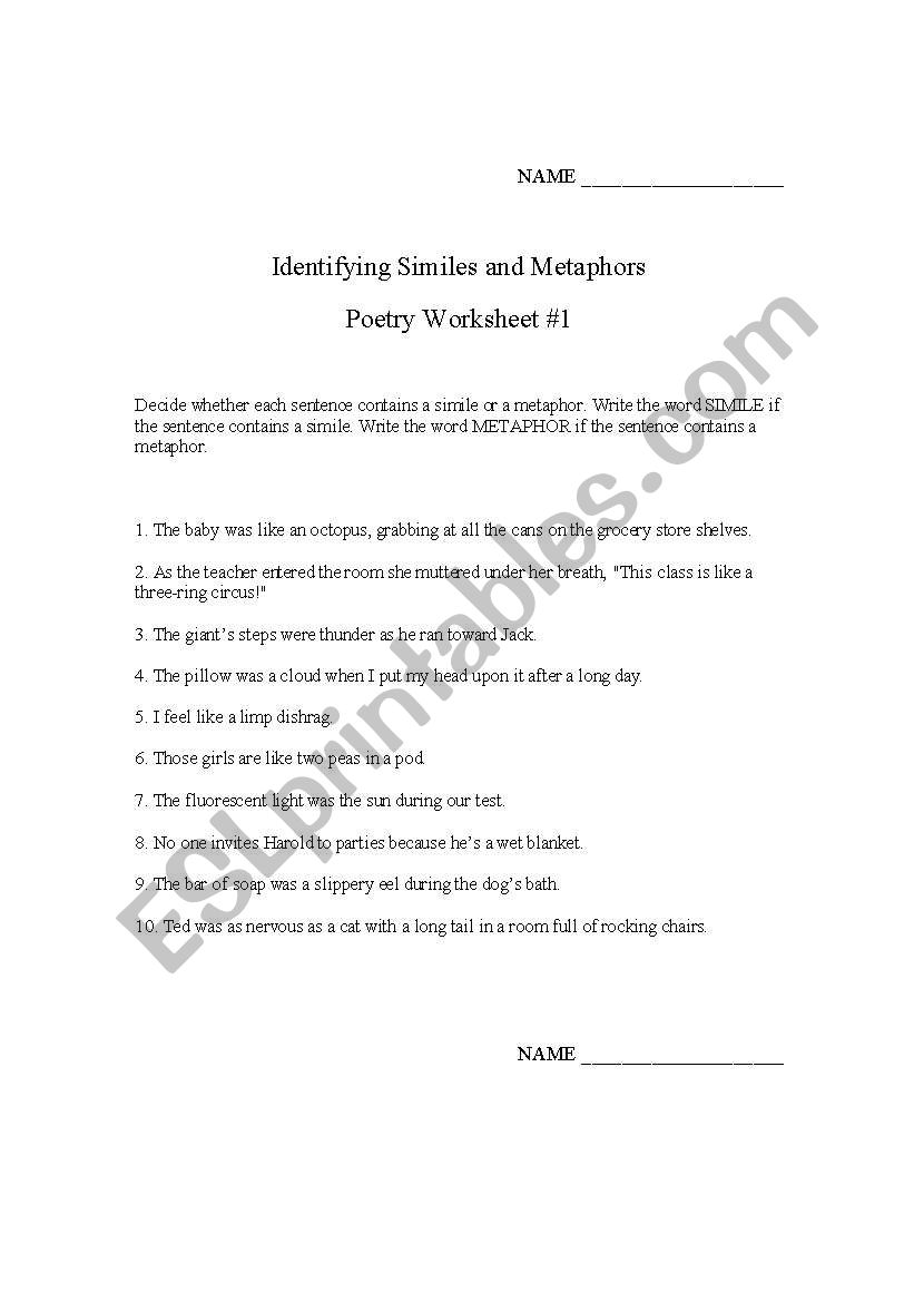 Similes and Meaphors worksheet