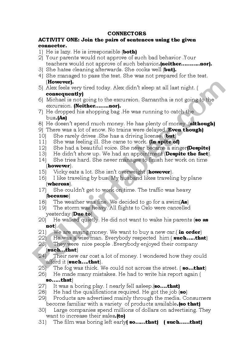 connectors worksheet