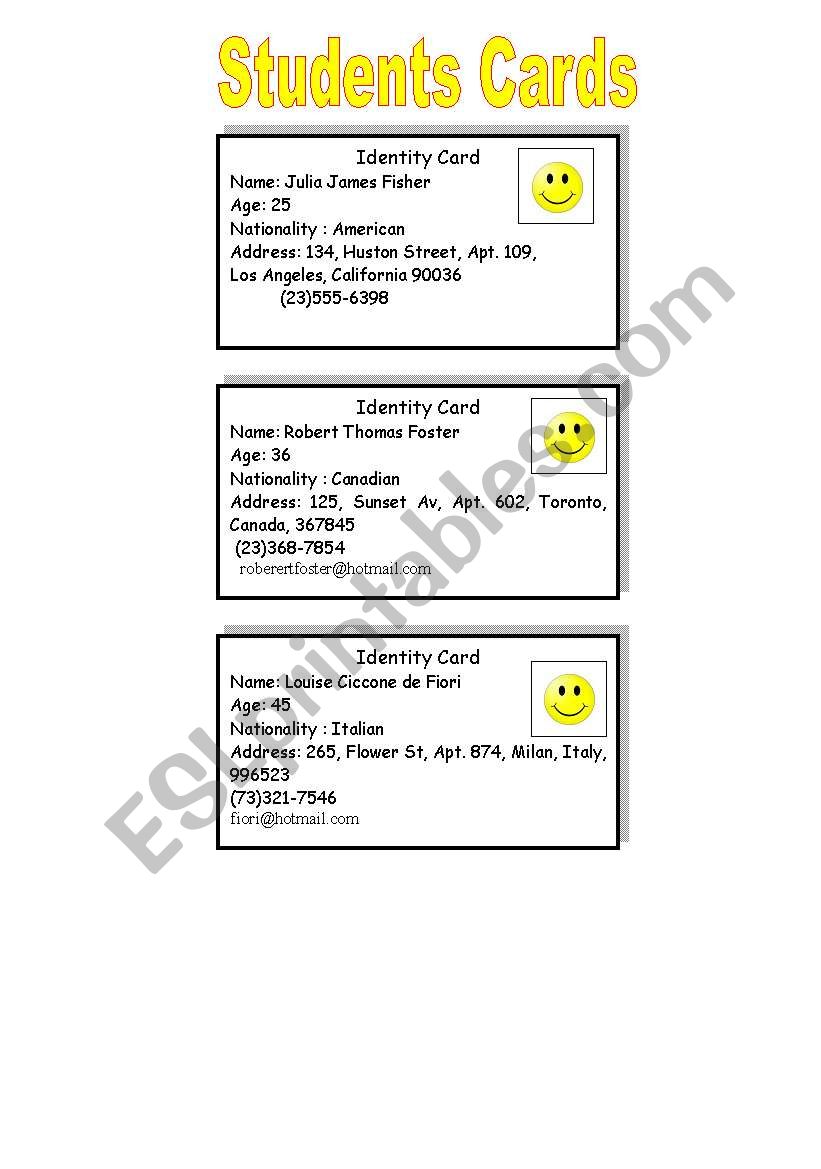 Personal Information  worksheet