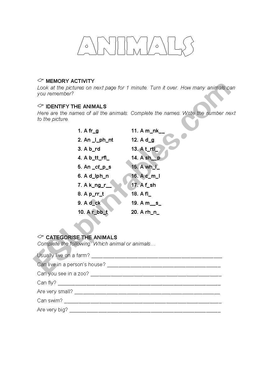 Animals worksheet