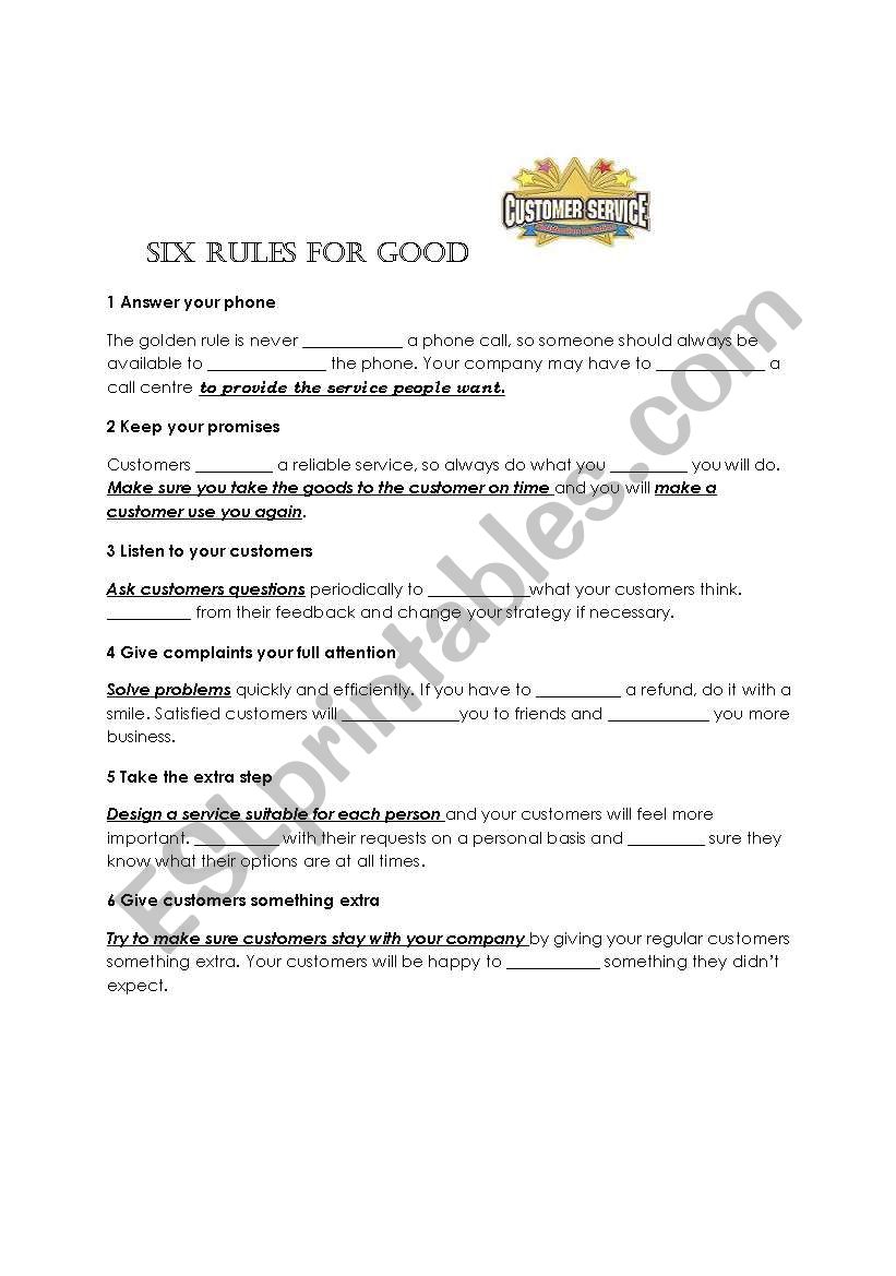 Customer Service worksheet