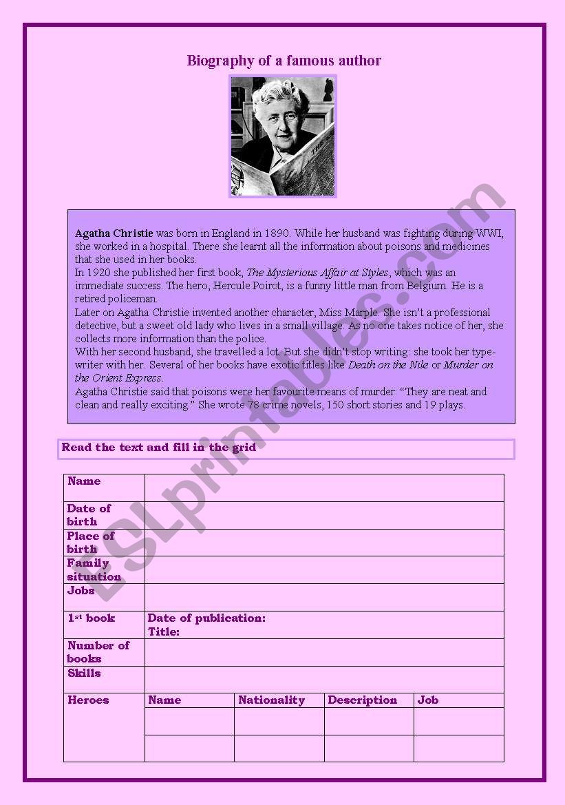 Agatha Christies biography worksheet