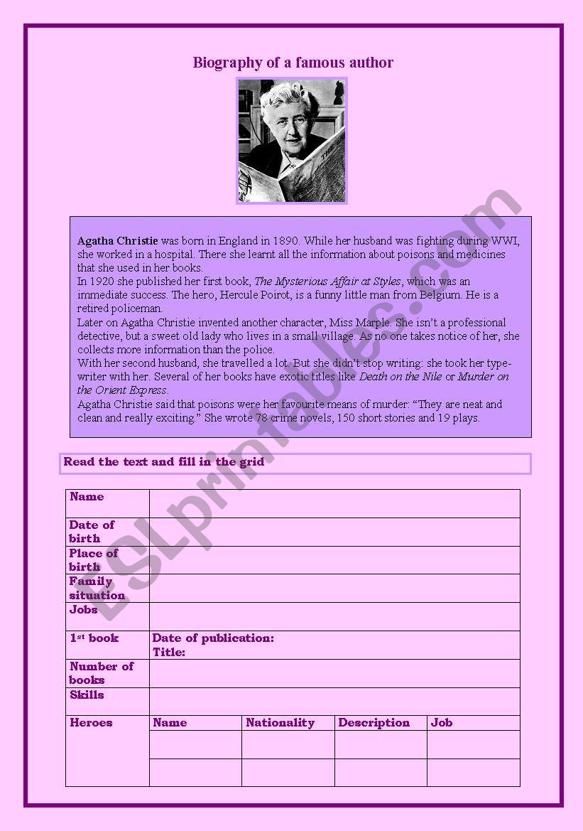 Agatha ChristieÂ´s biography worksheet