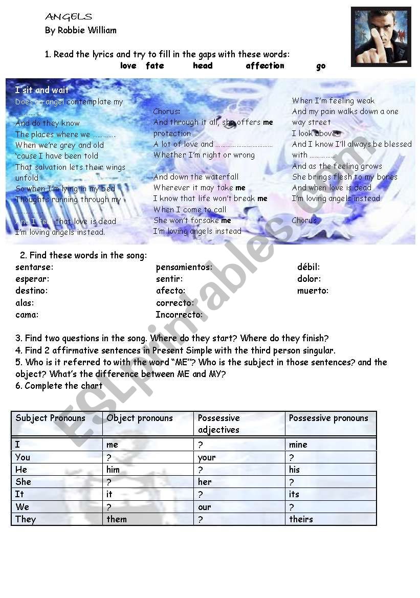 Angel, by Robbie William worksheet