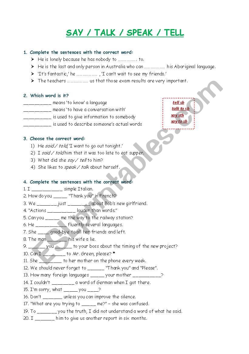 SAY / TALK / SPEAK / TELL worksheet