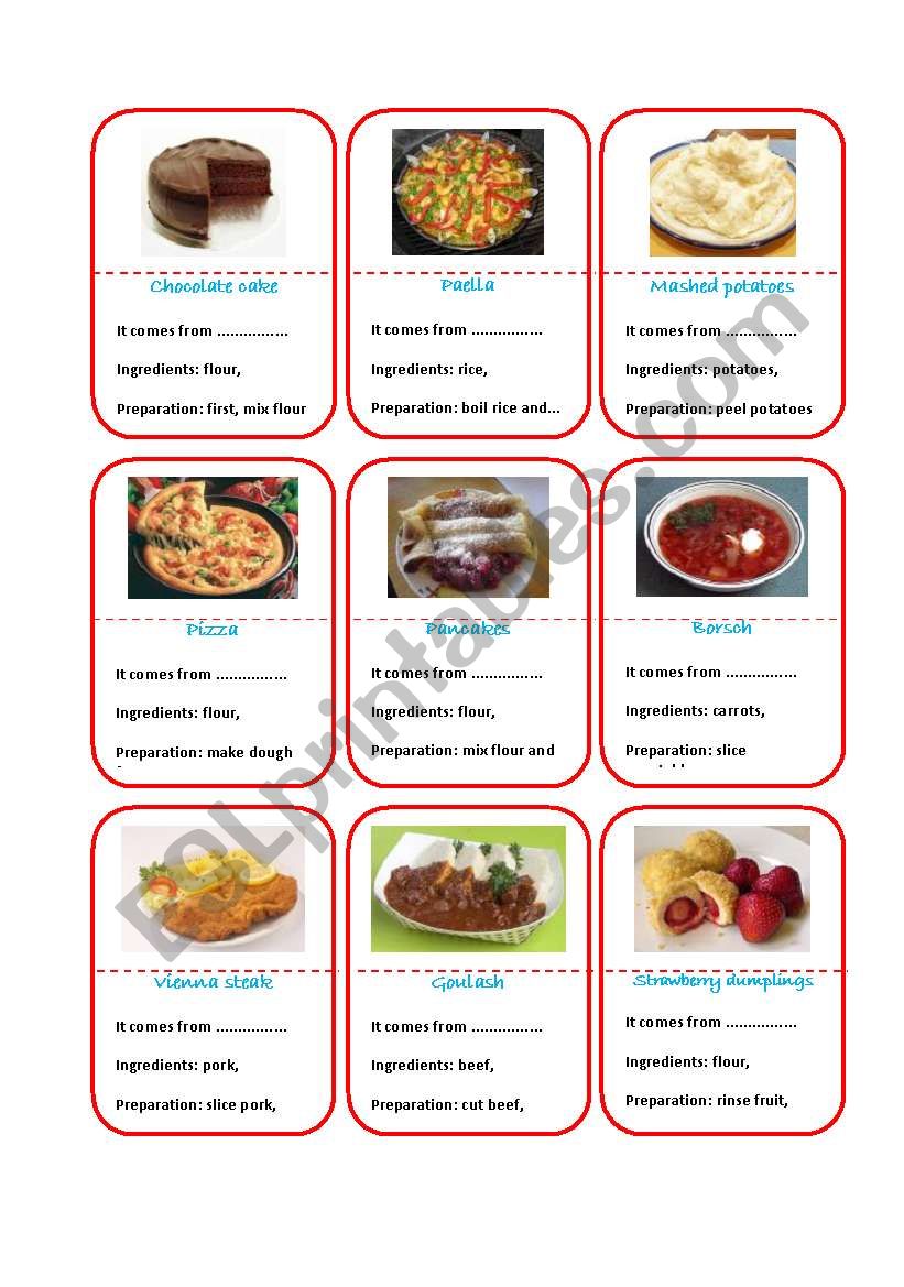 Recipes cards worksheet