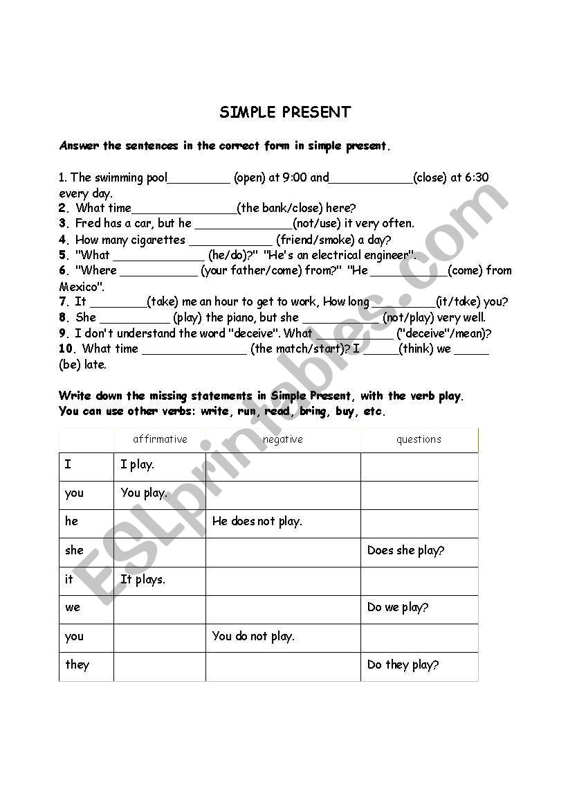 Simple present Worksheet worksheet