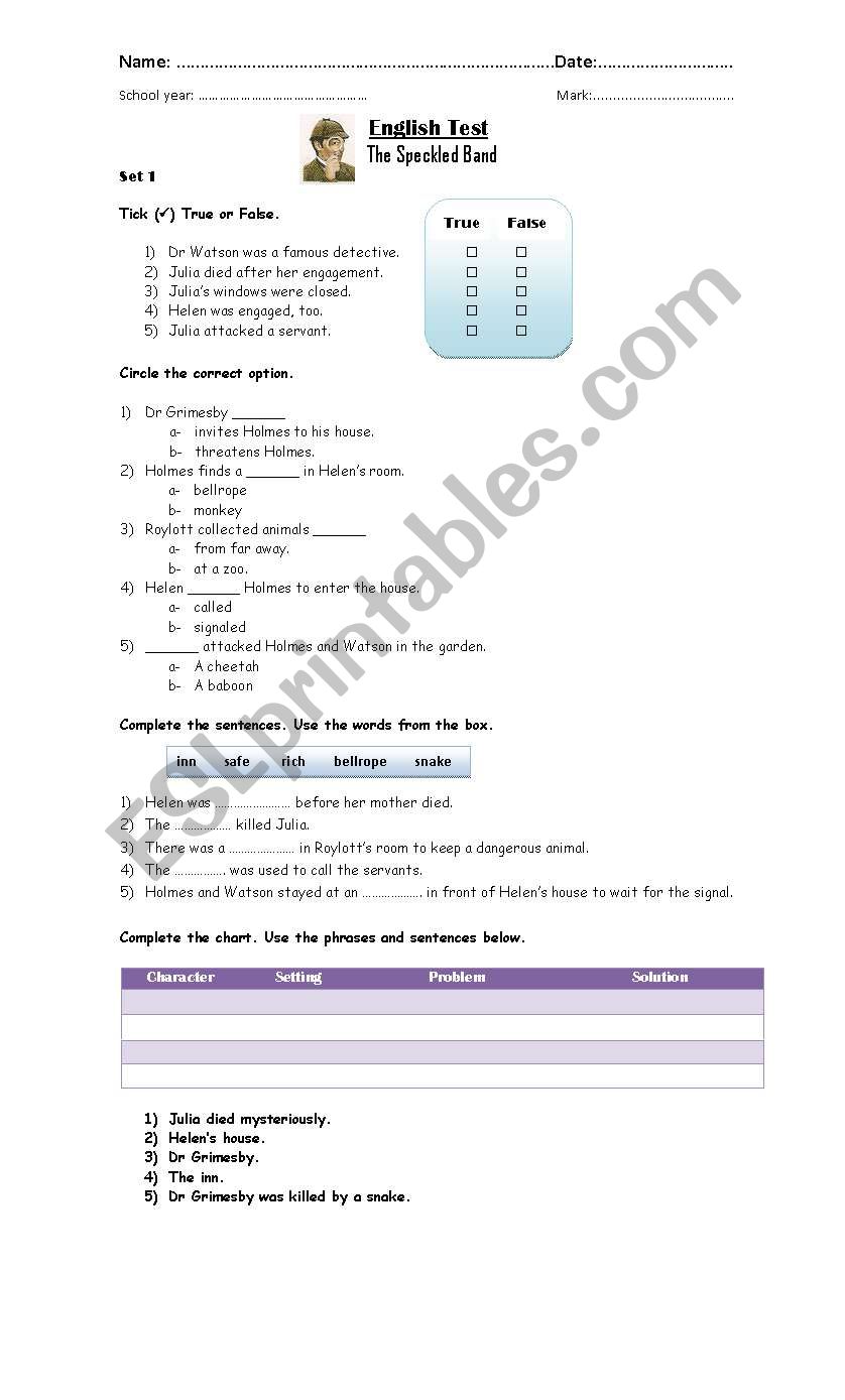 The Speckled Band - Test worksheet