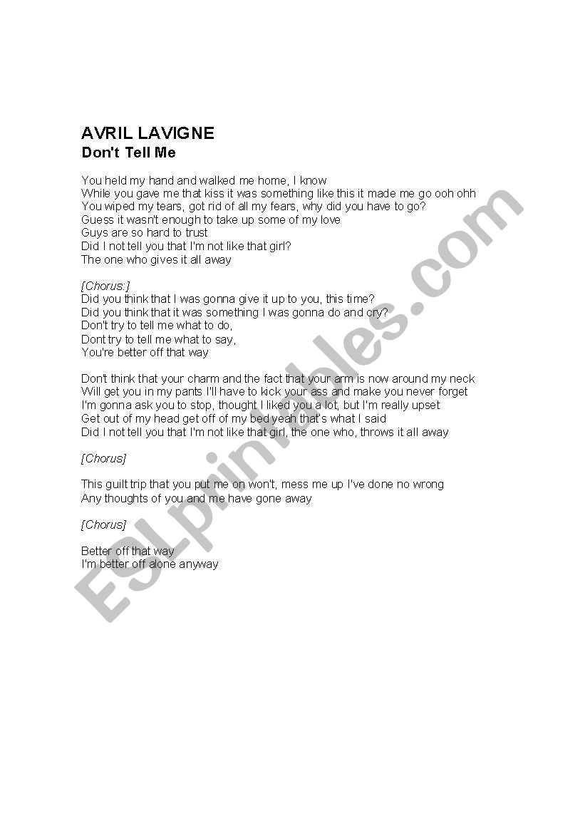 AVRIL LAVIGNE Dont tell me (Listening Comprehension Worksheet) 