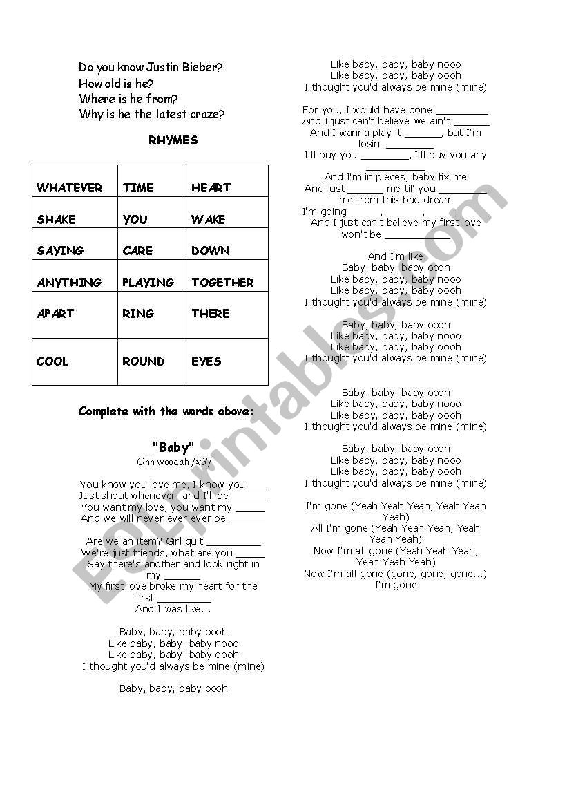 Do you know Justin Bieber worksheet