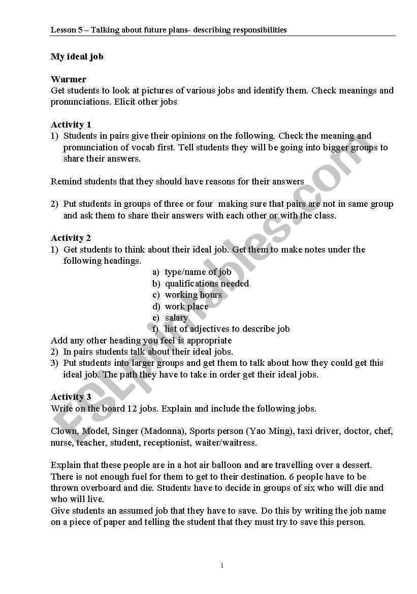 describing future plans worksheet