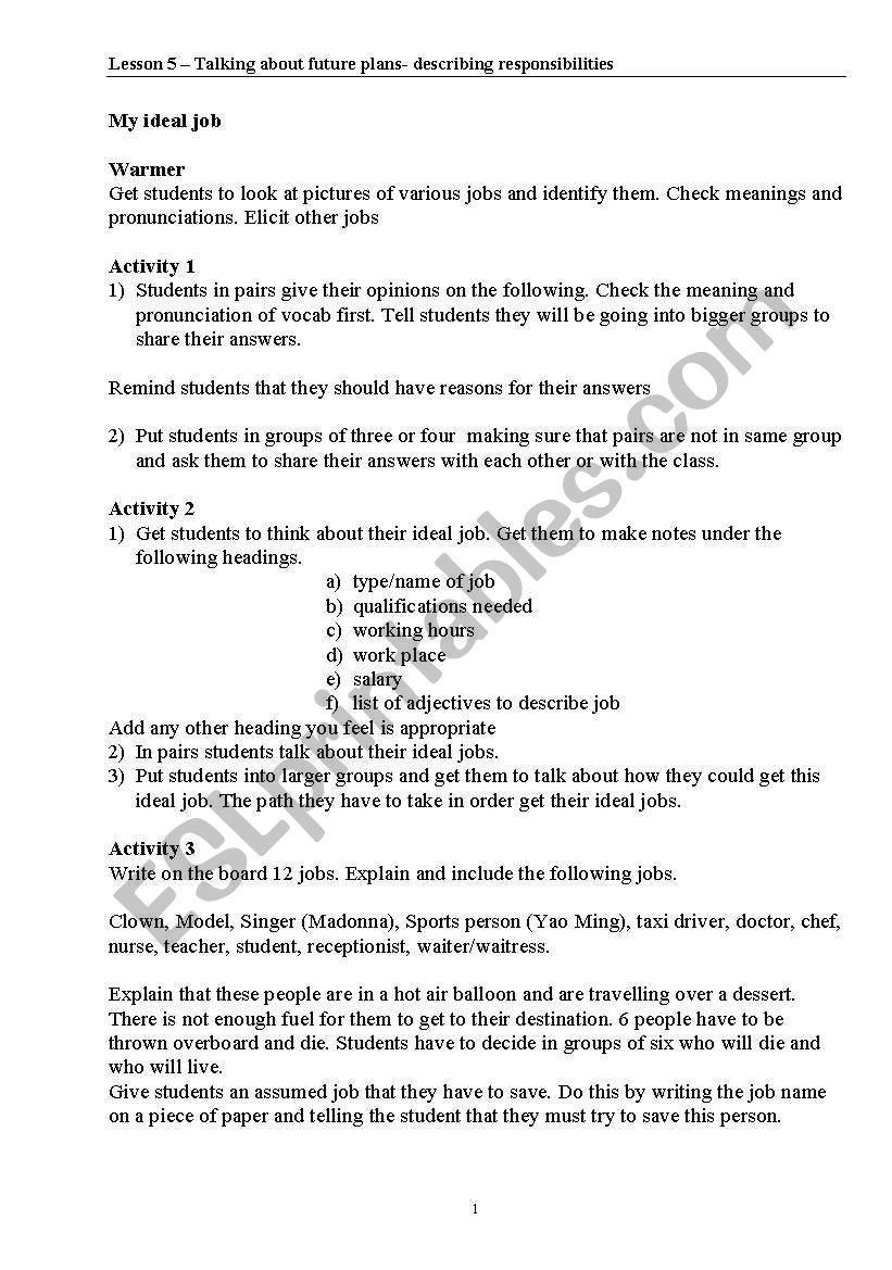 describing future plans worksheet