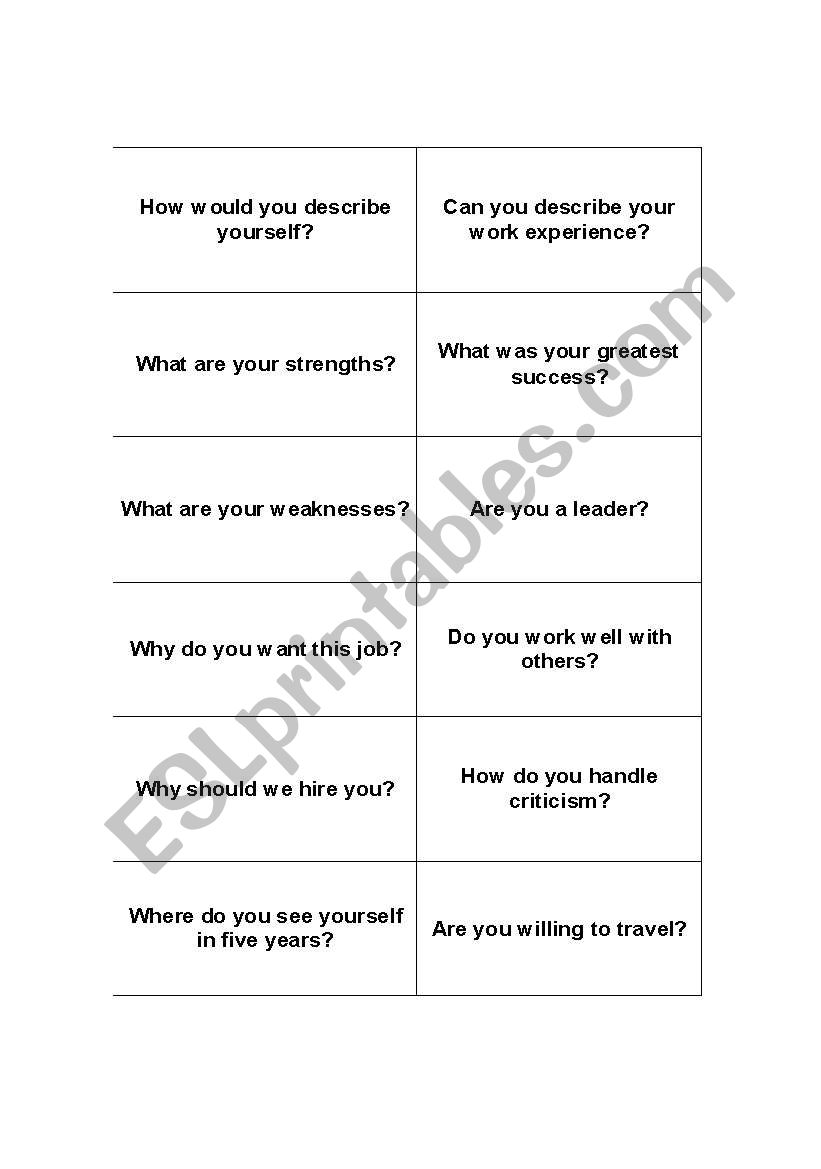 Job interview question cards worksheet